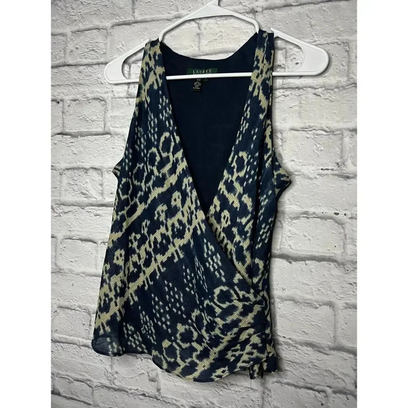 Lauren Ralph Lauren Vneck wrap Silk Linen tank top Cream Indigo SZ 8 - Picture 3 of 7